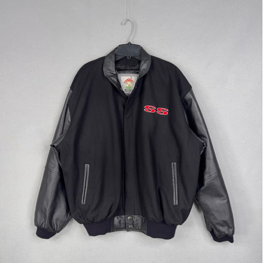 Mad House Camaro SS Jacket Mens Large Black Solid Leather Sleeve Varsity Racing